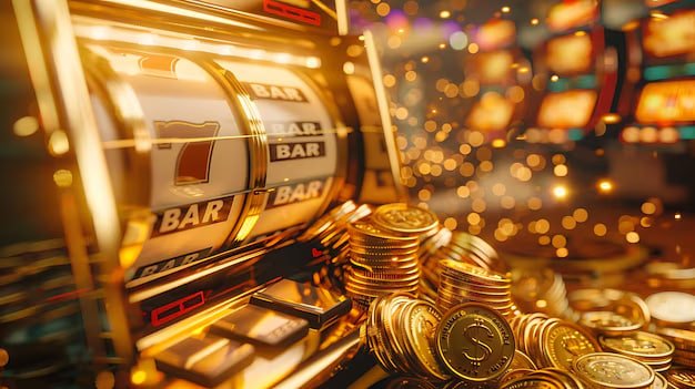 Mesin slot berwarna-warni berputar dengan efek neon khas tantan99